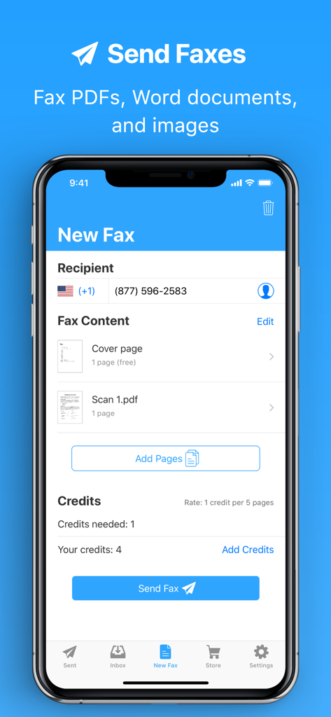 JotNot Fax - Send Receive Fax - JotNot Fax mobile app screenshot showing the process of sending a new fax with recipient number and document attachments
