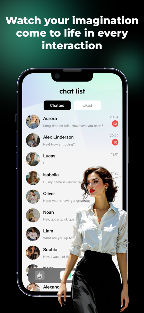 Aimi AI app chat list screen displaying multiple AI companion profiles and character avatars.