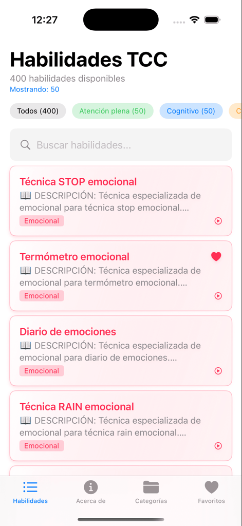 Caja de herramientas de TCC - Lista de habilidades de terapia cognitivo-conductual y técnicas de regulación emocional en la aplicación CBT Toolbox en español.