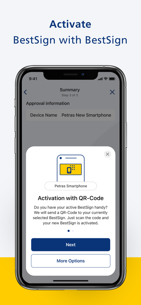 Postbank BestSign app activation screen with QR code instructions for a new smartphone.