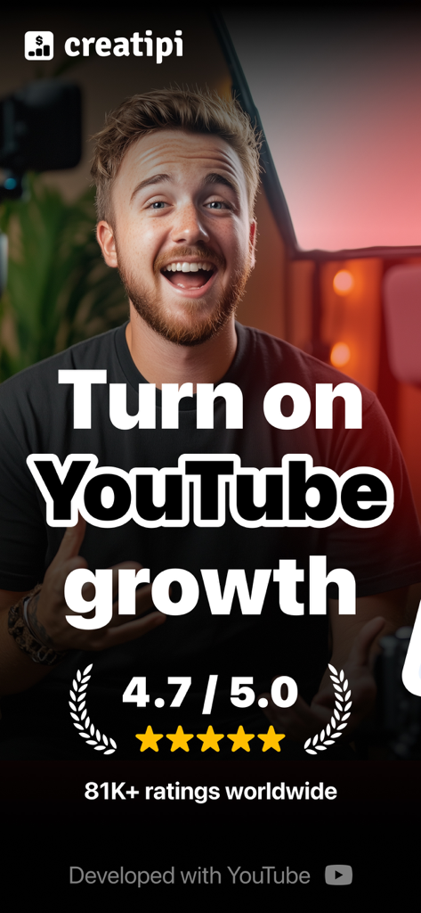 Creatipi app promotional screen highlighting YouTube channel growth tools and high user ratings.