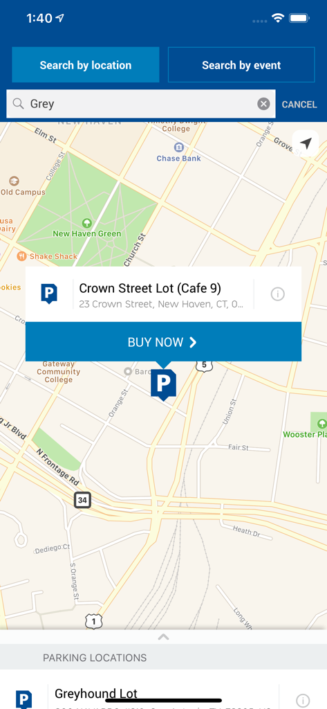 LAZ Parking - The LAZ Parking app map interface showing search results for parking lots with a reserve and buy now button.