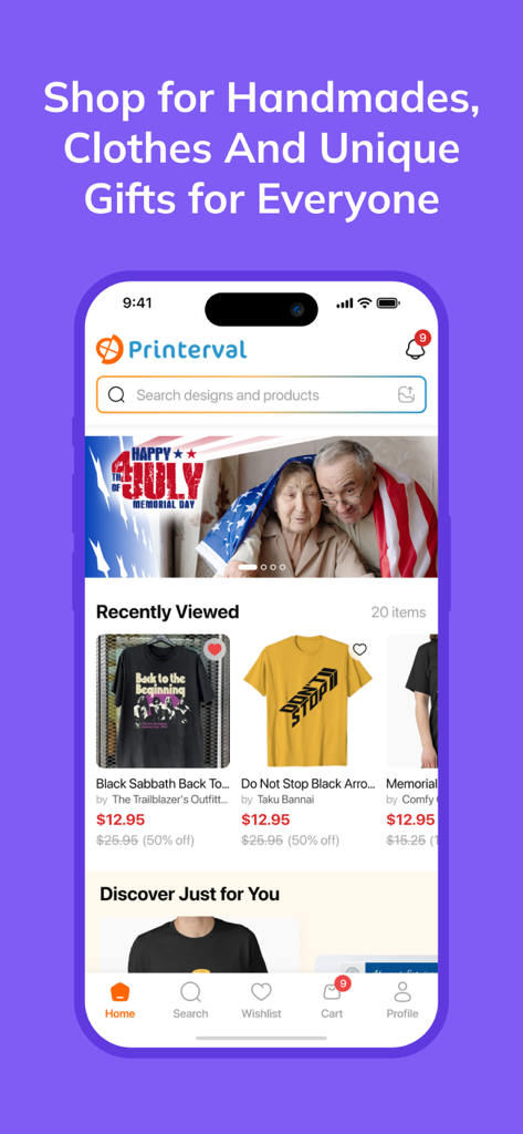 Pantalla de inicio de la app Printerval mostrando regalos hechos a mano únicos y ropa personalizada