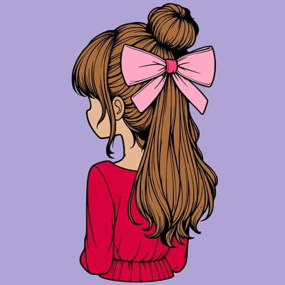 realistic girl  with hip length hair a bun and a big bow on the back of head