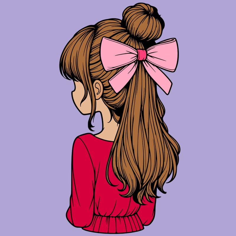 realistic girl  with hip length hair a bun and a big bow on the back of head