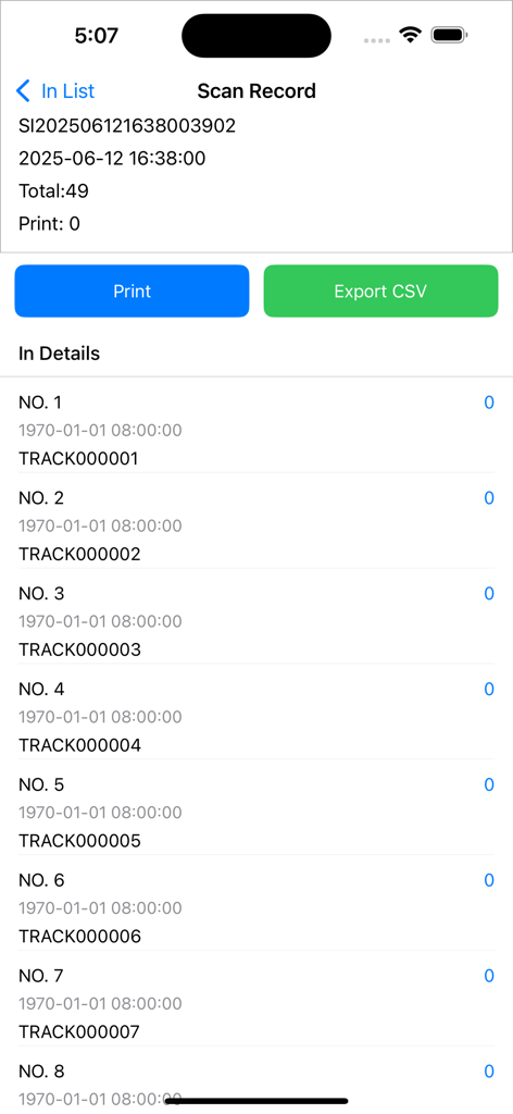 Lista de registros de escaneo en TrackingScan mostrando IDs de paquetes rastreados y opciones de exportación
