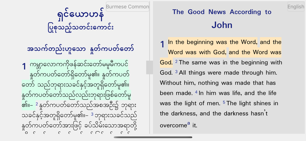 A parallel reading screen showing the Bible in Burmese and English