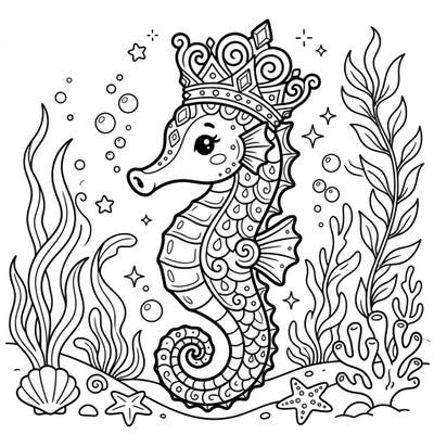 Explore the enchanting underwater world with this adorable Crown Seahorse coloring page. Designed for kids aged 4-8, it features clear lines and fun details for a delightful creative experience.
