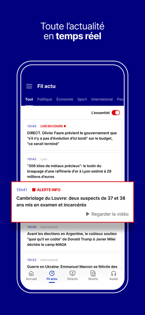 BFM : news, TV, radio en live - Ecrã de smartphone a mostrar o feed em tempo real da aplicação de notícias BFM com um alerta de notícias de última hora.