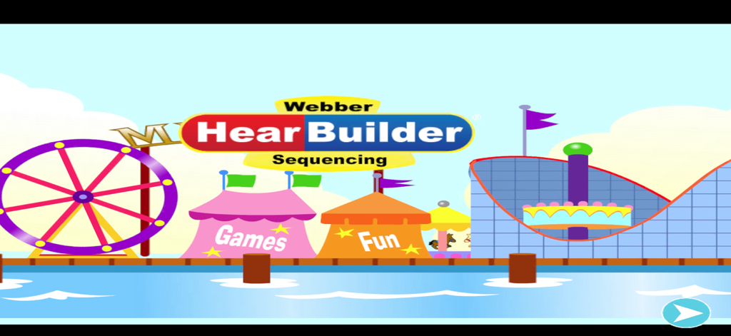 Main menu screen of the HearBuilder Sequencing app showing an amusement park theme.