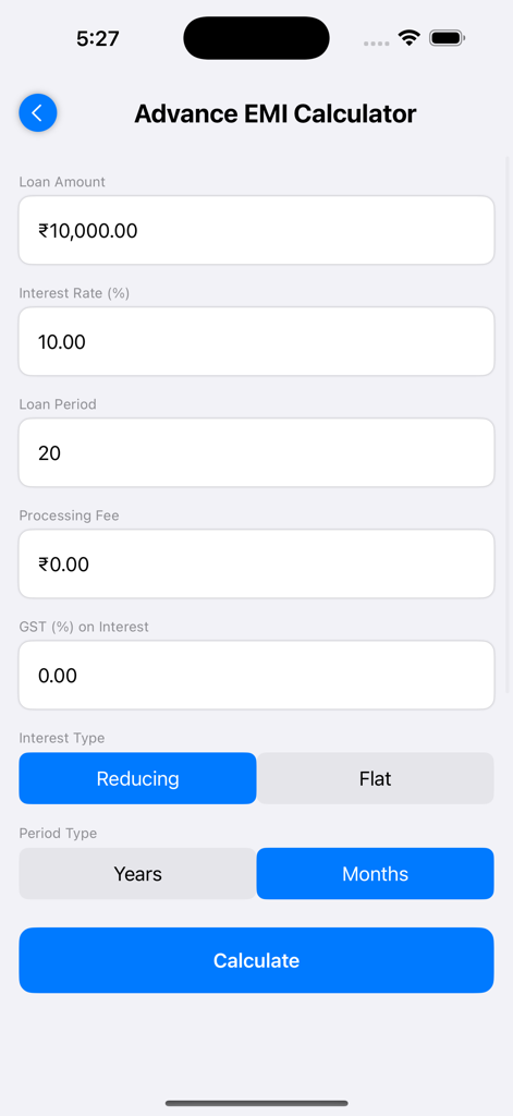 Loan Calc: Easy EMI Calculator - Advanced EMI calculator interface showing input fields for loan amount interest rate and period
