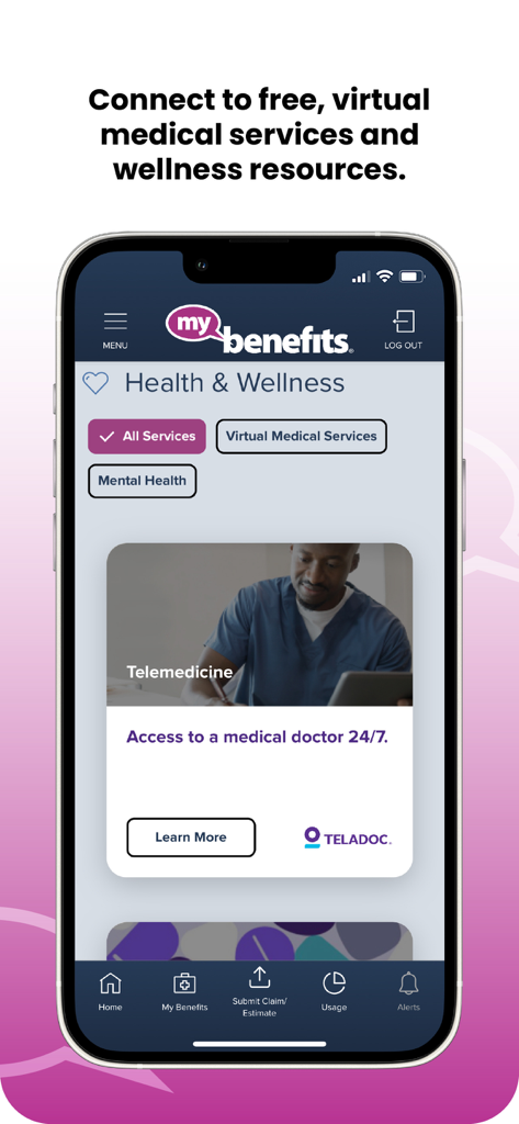 my-benefits - L'écran de l'application my-benefits montrant les options de santé et de bien-être, y compris les services médicaux virtuels 24h/24 et 7j/7 et la télémédecine