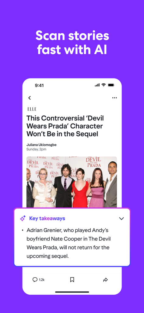 Yahoo News: Daily News For You - Yahoo ニュースアプリのインターフェイス。エンターテイメントニュース記事のAI生成された主要な要約を表示しています。