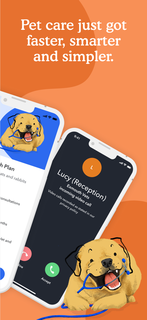 PetsApp - PetsApp interface displaying a video call from a veterinary clinic and a happy dog illustration