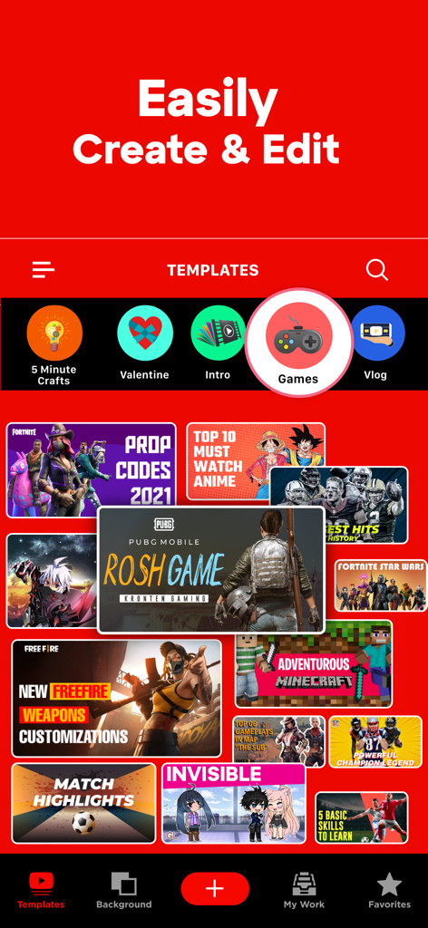 クリエイター向けのゲーム動画サムネイルテンプレートライブラリを表示するサムネイルメーカーアプリのインターフェース。