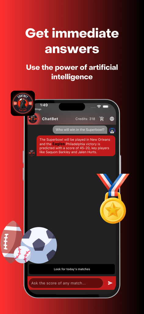 ChatBet app screen showing AI sports predictions through a chat interface