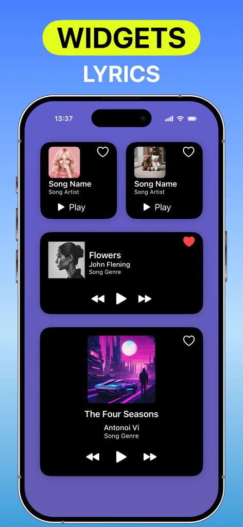 Anywhere Music Player app displaying customizable music widgets and lyrics on iPhone