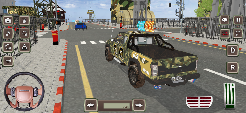 Army Truck Driving Cargo Games - Un camión del ejército camuflado conduciendo por una carretera de la ciudad con controles de juego móvil en pantalla