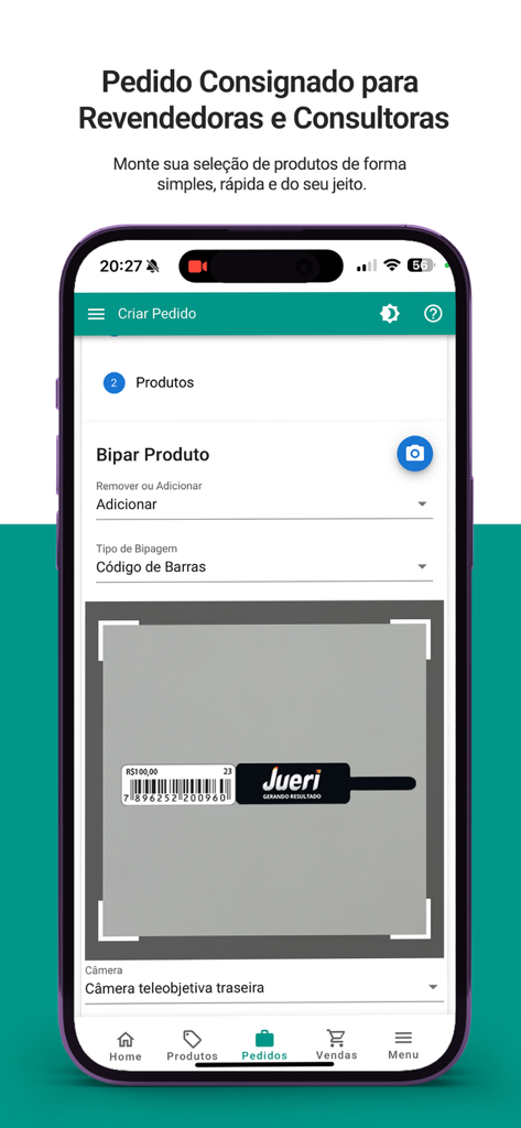 Jueri - Interface of the Jueri app showing the barcode scanner feature used to create a new order.