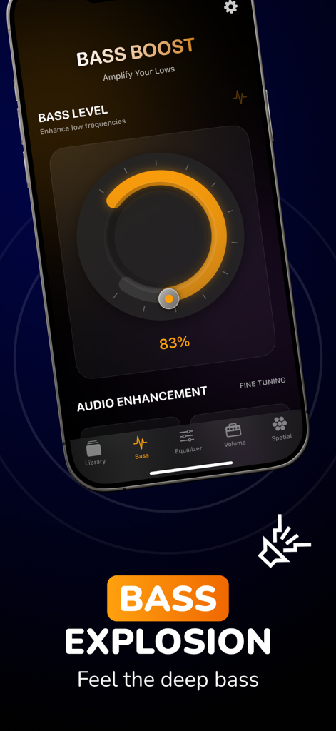 Pantalla del iPhone mostrando una función de aumento de graves con un dial de control ajustado al 83 por ciento para mejora de audio