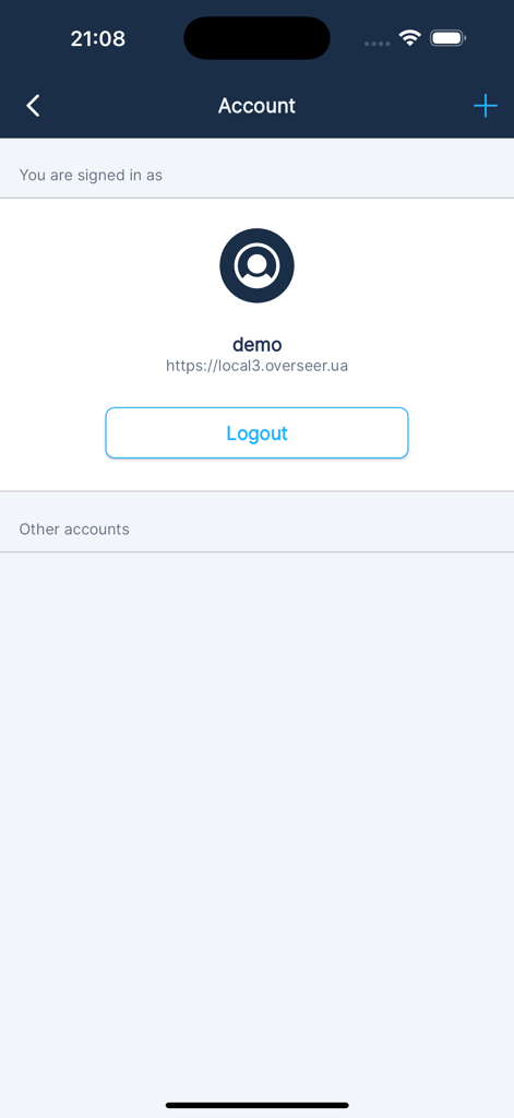 M2M Local - Écran de gestion du compte dans l'application M2M Local montrant le profil utilisateur et l'option de déconnexion