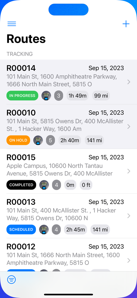 Dashboard showing multiple delivery routes with progress status and distance metrics.