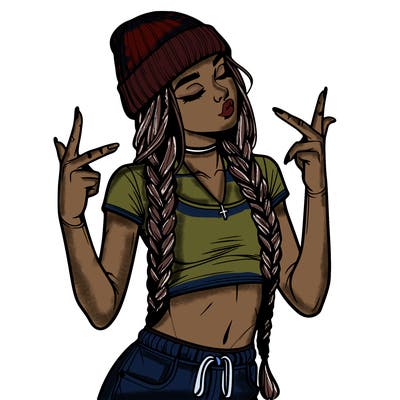 realistic teenage girl with braids and a beanie and crop top doing 🫶🏼