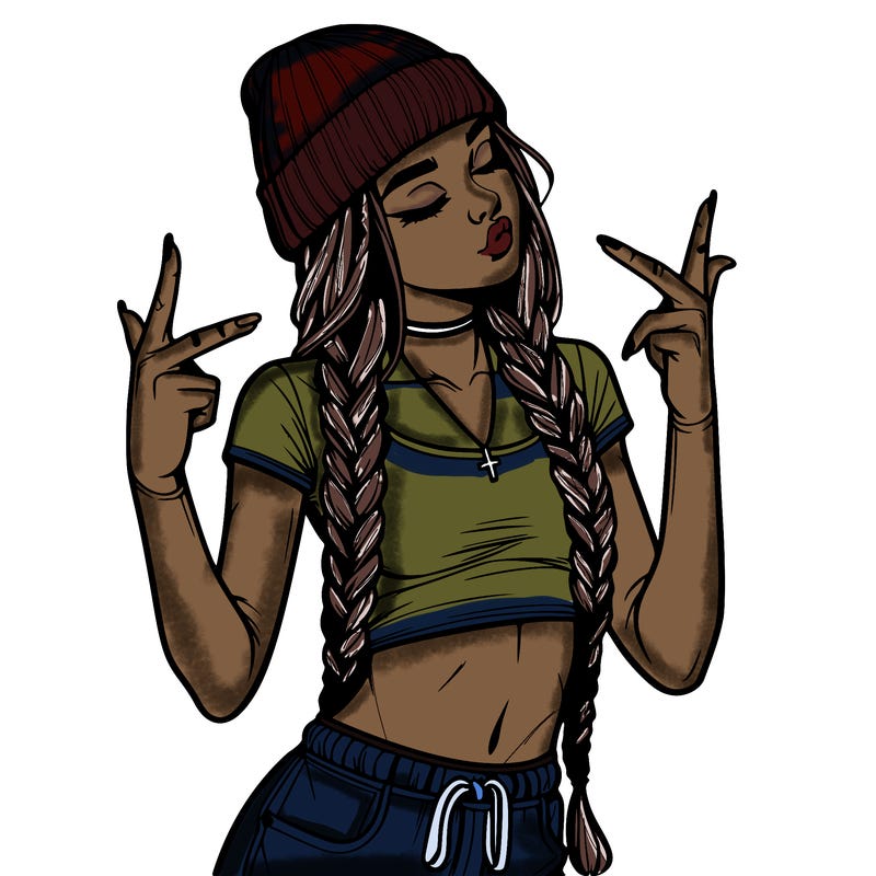 realistic teenage girl with braids and a beanie and crop top doing 🫶🏼