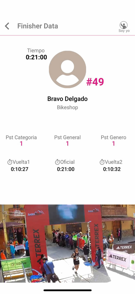 Finisher Data - Resultados de carrera del atleta que incluyen posiciones de tiempo total y una instantánea de la línea de meta en la aplicación Finisher Data
