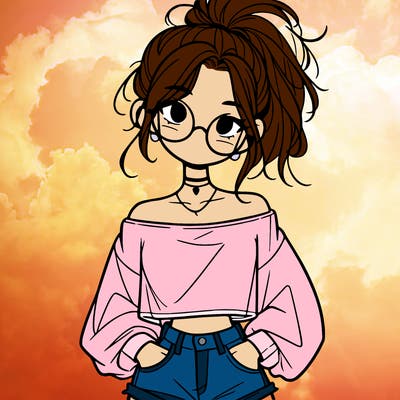 girl with a messy ponytail glasses a baggy crop top and jean shorts