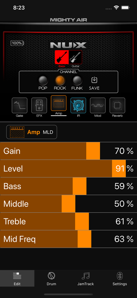 MightyAmp mobile app screen showing gain level and EQ settings for a guitar amplifier