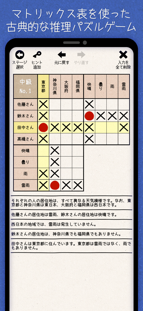 日本語マトリックス論理パズル：古典的な推理ゲーム - Écran de jeu d'un puzzle logique matriciel japonais montrant une grille de déduction et des indices textuels