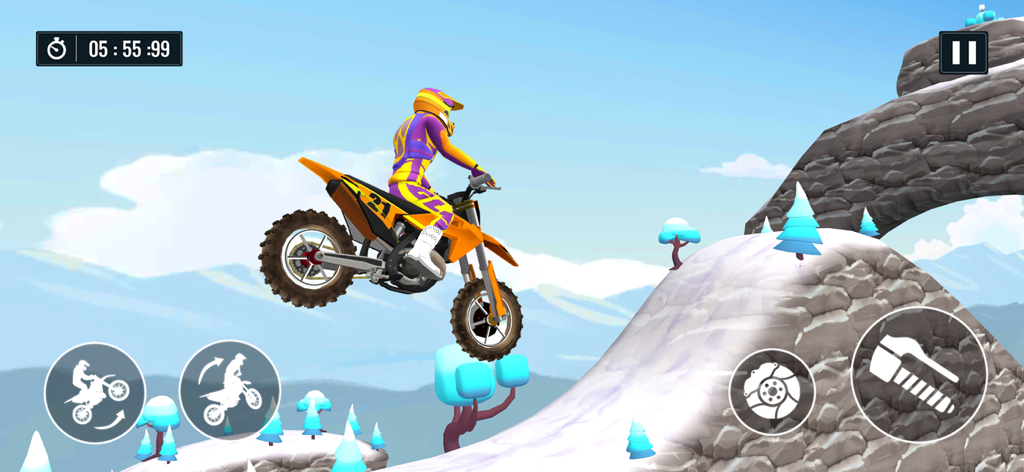 Um piloto de motocross realizando um salto em uma pista de montanha nevada no jogo Bike 3XM