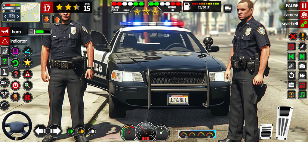 US Police Cop Car Chase Game - Jugabilidad del Juego de Persecución de Coches de Policía de EE. UU. mostrando un coche patrulla y dos oficiales con controles de conducción