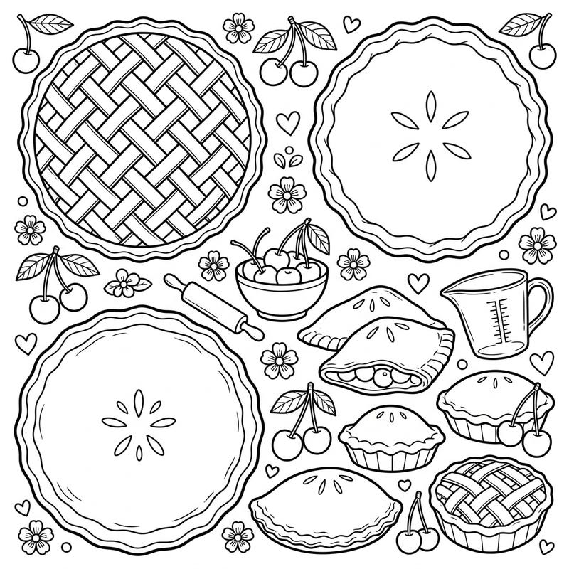 Get ready for a sweet treat with this delightful cherry pie coloring page designed especially for kids. Filled with yummy pies, fresh cherries, and baking essentials, it's perfect for a creative afternoon.