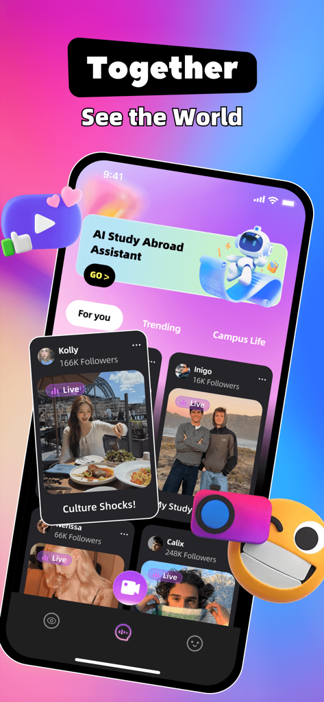 FliV：Meet & Video Chat - FliV App-Oberfläche mit Live-Videostreams von internationalen Studenten und einer KI-Studienberatungsfunktion.