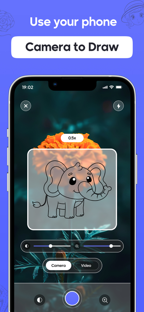 AR Sketch - Trace Anything - AR 스케치 앱 인터페이스가 카메라 보기에 투명한 코끼리 일러스트가 겹쳐져 따라 그릴 수 있도록 보여주는 스마트폰.