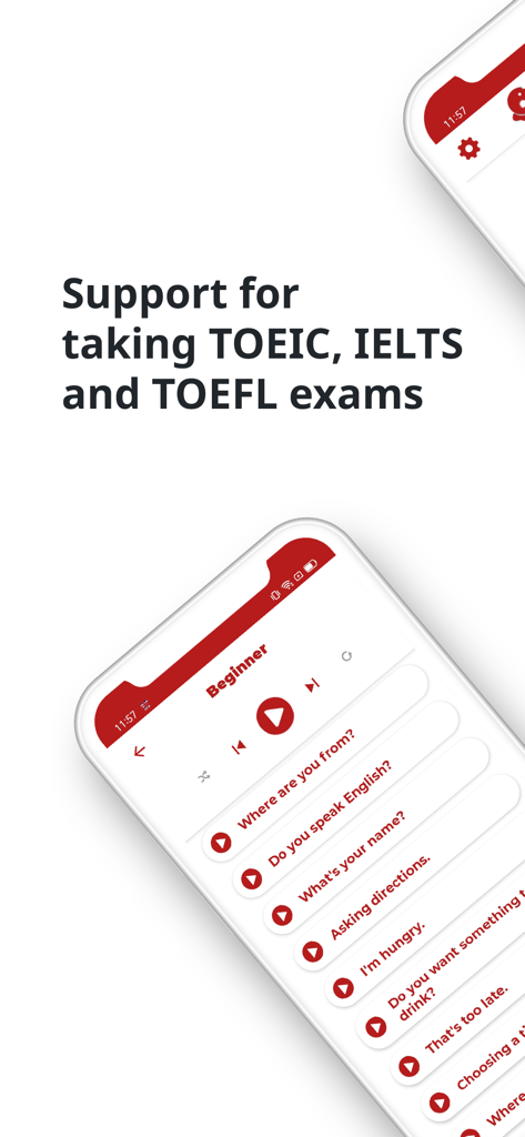 English ー Listening・Speaking - Interfaz de aplicación de aprendizaje de inglés que muestra soporte para los exámenes TOEIC, IELTS y TOEFL