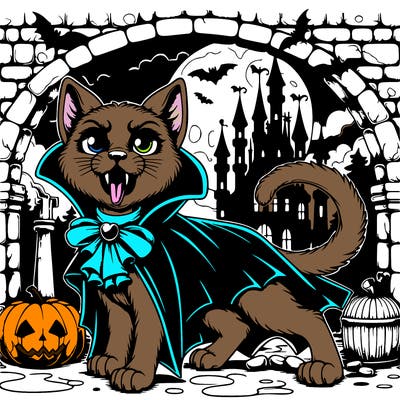 realistic vampire cat in a spooky castle
