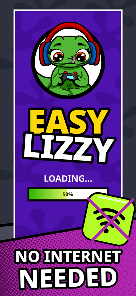 Easy Lizzy: English words - Easy Lizzy app loading screen featuring a cartoon lizard character with headphones and a game controller indicating that no internet is needed to play.
