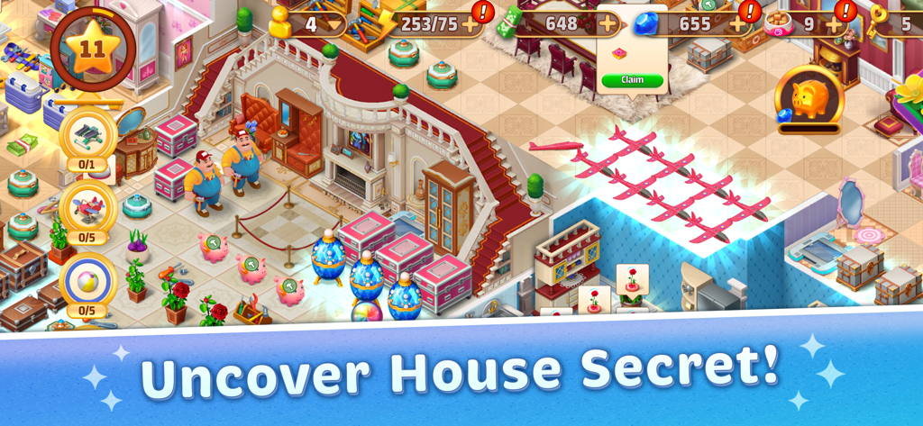 Travel Merge Family - Gameplay screenshot of Travel Merge Family showing a mansion interior with items to merge and the text Uncover House Secret