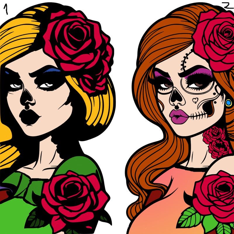 a realistic woman with rose and skull tattoos
