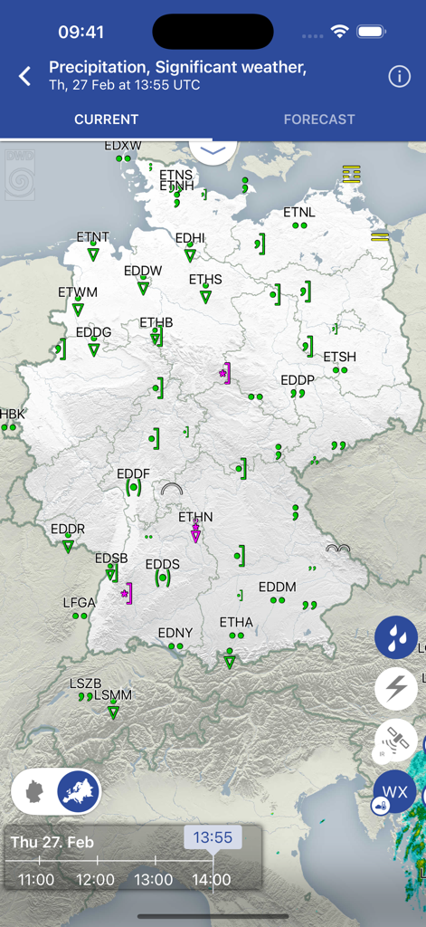 DWD FlugWetter - Luftfahrtwetterkarte von Deutschland, die aktuelle Niederschläge und wichtige Wettersymbole für Piloten anzeigt.