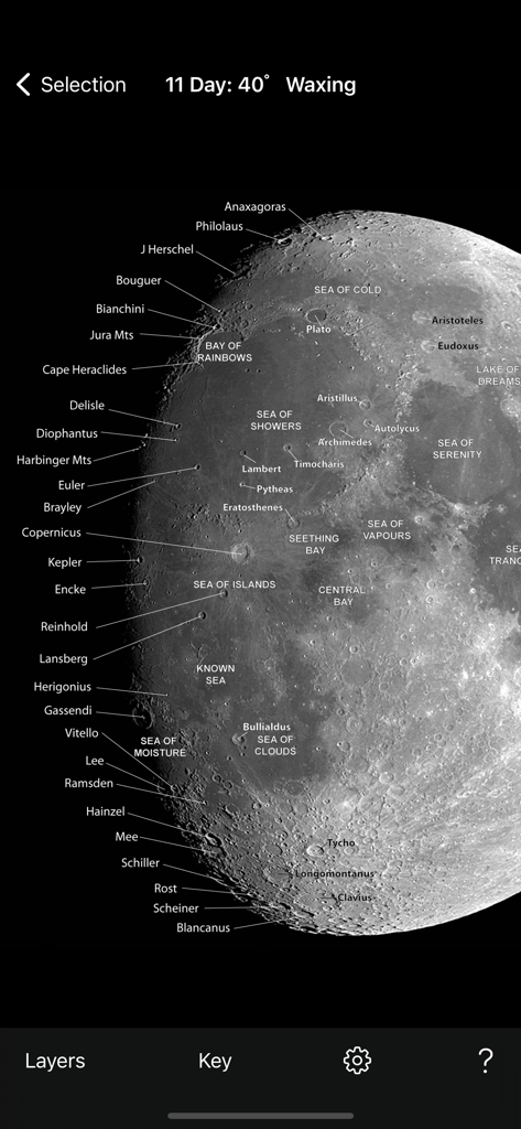 Moon Phase Photo Maps - A detailed photographic map of the waxing moon with labeled craters and lunar seas