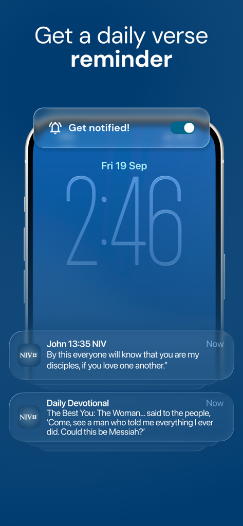 NIV Bible app lock screen displaying a daily verse notification and devotional reminder
