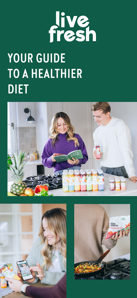 A promotional image for the LiveFresh app showcasing juice cleanses and healthy nutrition recipes