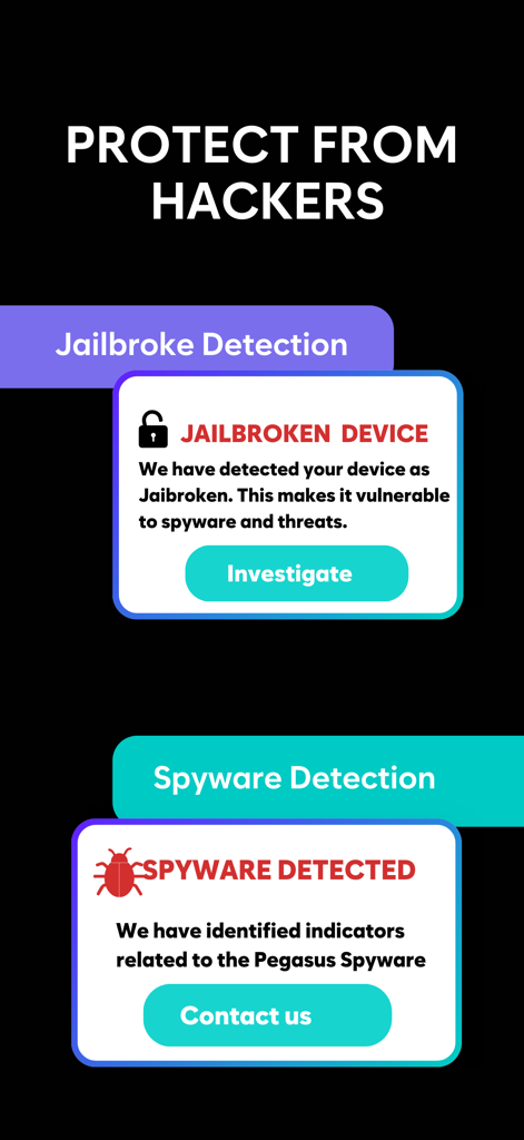 Malloc: Privacy & Security VPN - Malloc app interface showing alerts for jailbroken device and Pegasus spyware detection.