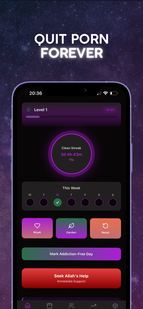 Purify app dashboard showing a clean streak timer and faith-based recovery progress tracking