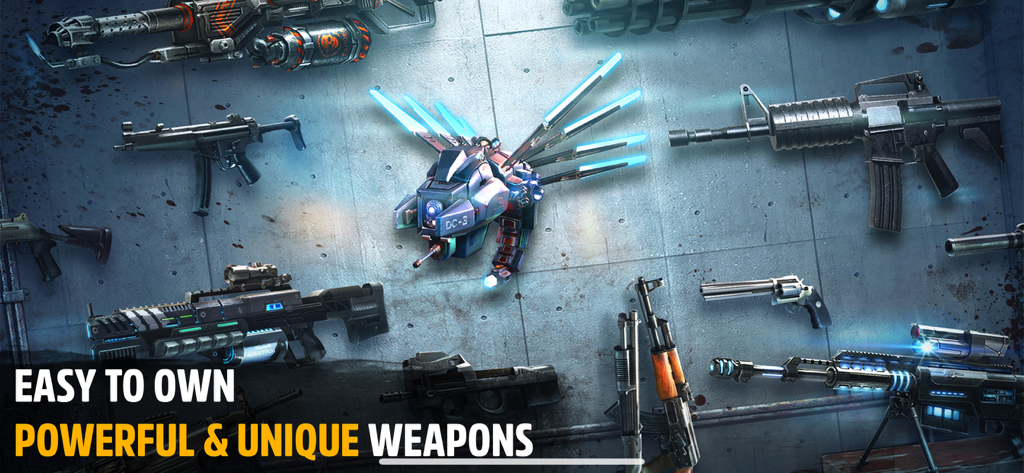 A display of powerful and unique firearms and weapons from the Dead Target zombie game.