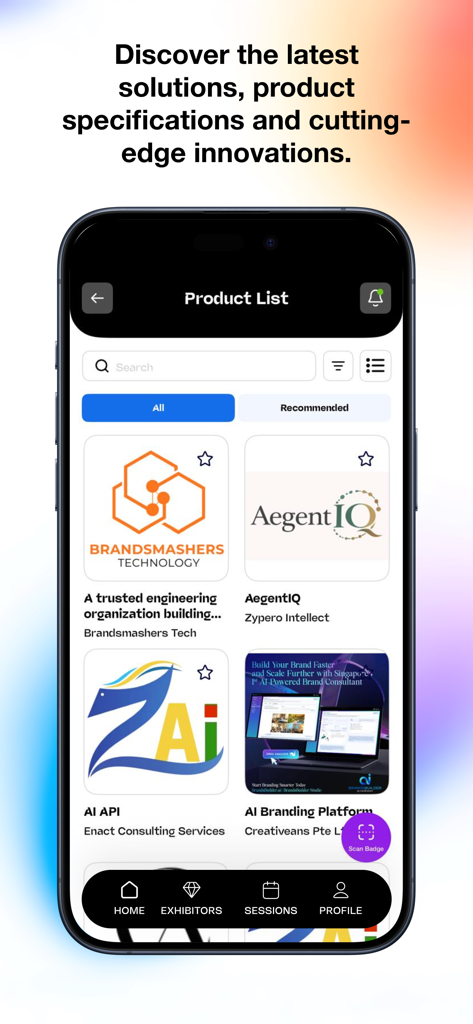 GITEX AI ASIA 2026 - Interface de lista de produtos no aplicativo GITEX AI ASIA apresentando expositores de tecnologia